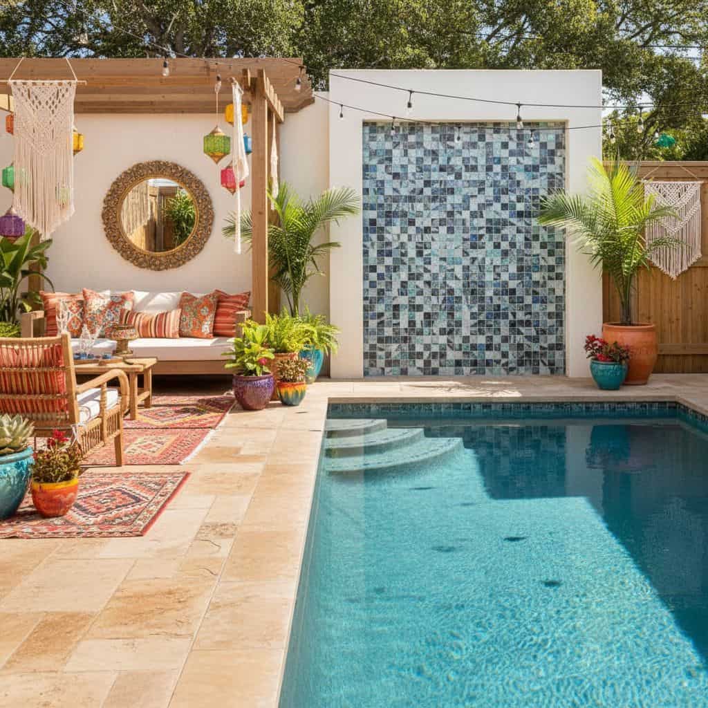 Poolside glass mosaic tile wall with tropical plants and outdoor seating area for relaxing outdoor space.