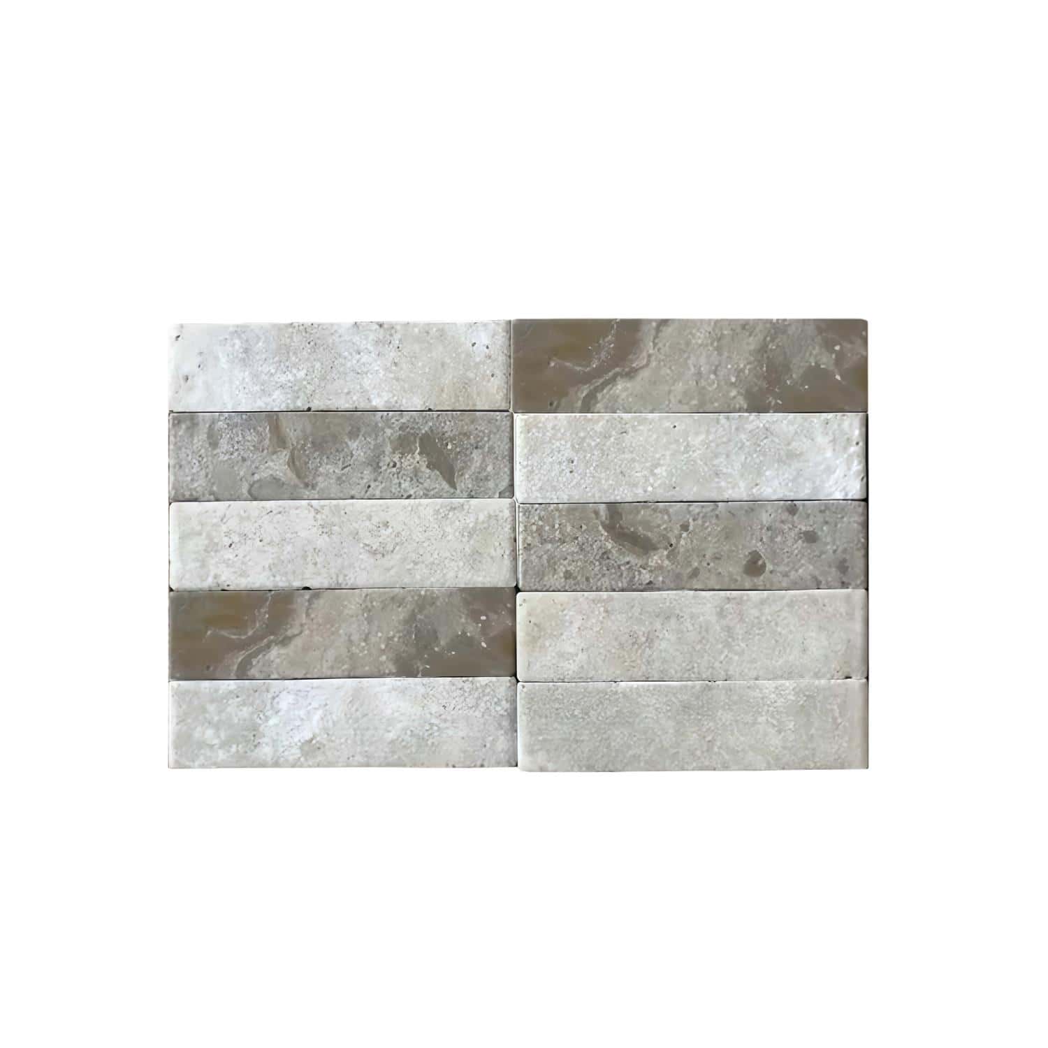 Gray and beige stone tiles with a textured surface and natural veining.