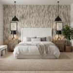 Beige textured tile wall with subtle pattern, soft lighting, and cozy bedroom decor.