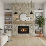 Beige mosaic tiles with textured surface surrounding the fireplace, complemented by black pendant lights and decorative wall.