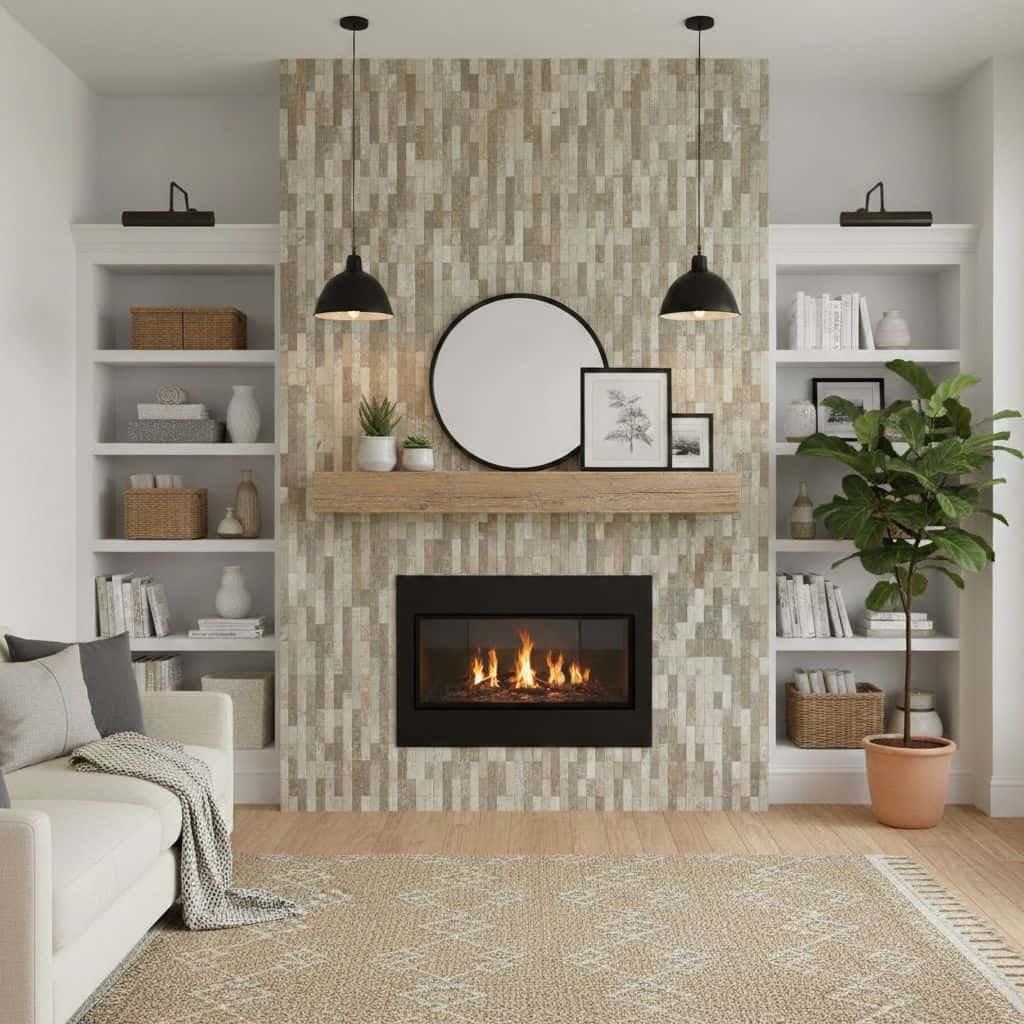 Beige mosaic tiles with textured surface surrounding the fireplace, complemented by black pendant lights and decorative wall.