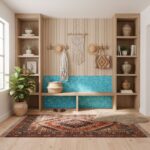 Mother of pearl shell tile accents on a wall with woven hats and boho decor, creating a coastal-inspired interior design.