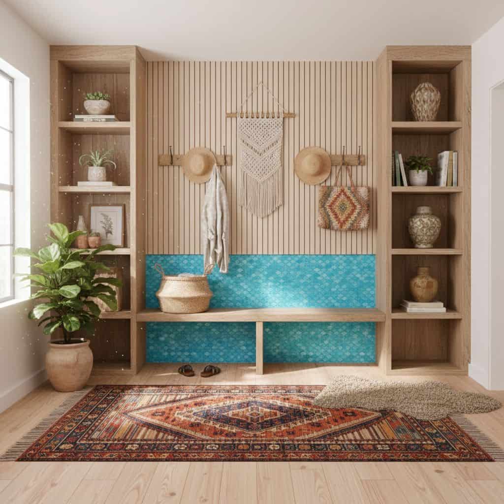 Mother of pearl shell tile accents on a wall with woven hats and boho decor, creating a coastal-inspired interior design.
