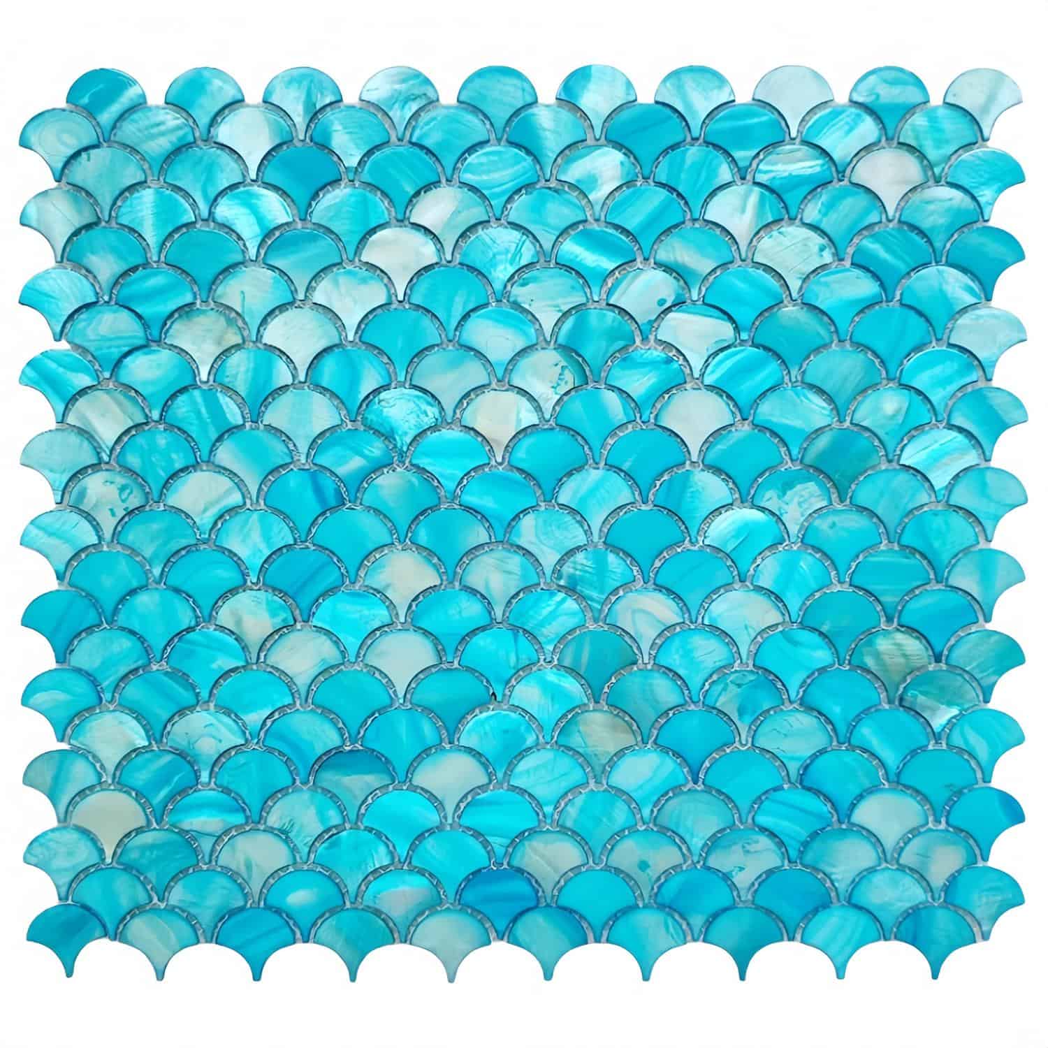 Blue seashell tile with pearl accents for home decor and design.