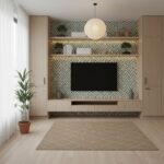A contemporary living room featuring peel and stick wall tile with geometric patterns, a mounted TV, and minimalist decor for.