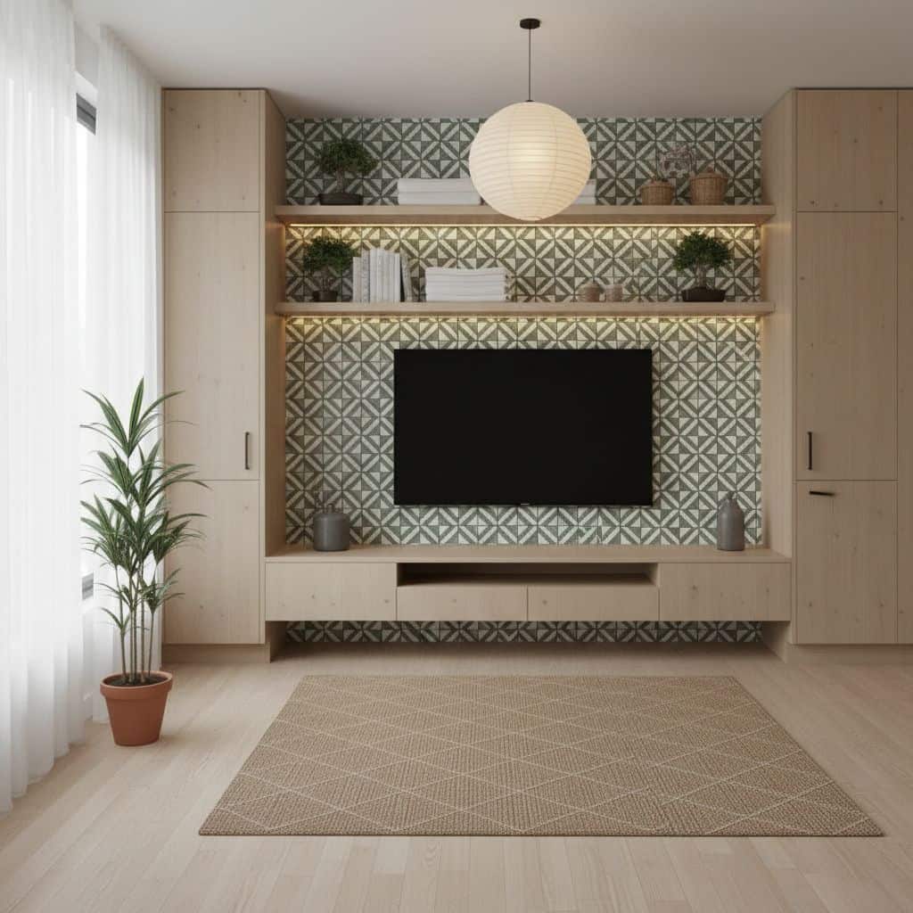 A contemporary living room featuring peel and stick wall tile with geometric patterns, a mounted TV, and minimalist decor for.