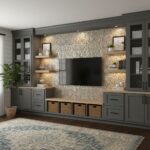 Image of a living room with peel and stick tile backsplash behind the TV.