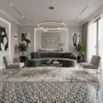 Elegant gray and black geometric patterned tile with a matte finish, suitable for contemporary living room flooring.