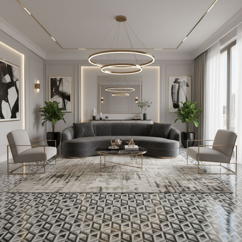 Elegant gray and black geometric patterned tile with a matte finish, suitable for contemporary living room flooring.