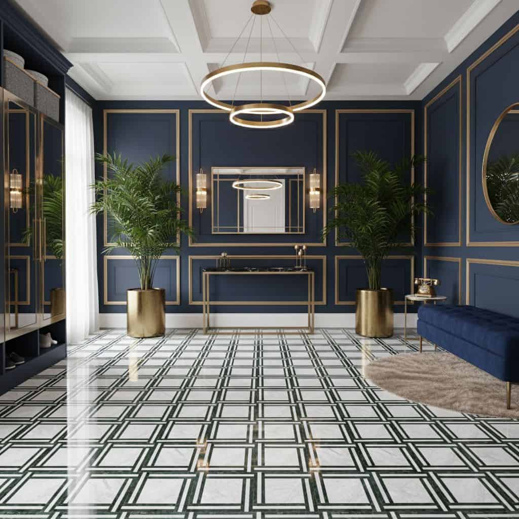upscale mudroom navy blue wall marble tile