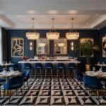 Blue textured tile with a matte finish, complemented by gold accents and a geometric black-and-white patterned floor.
