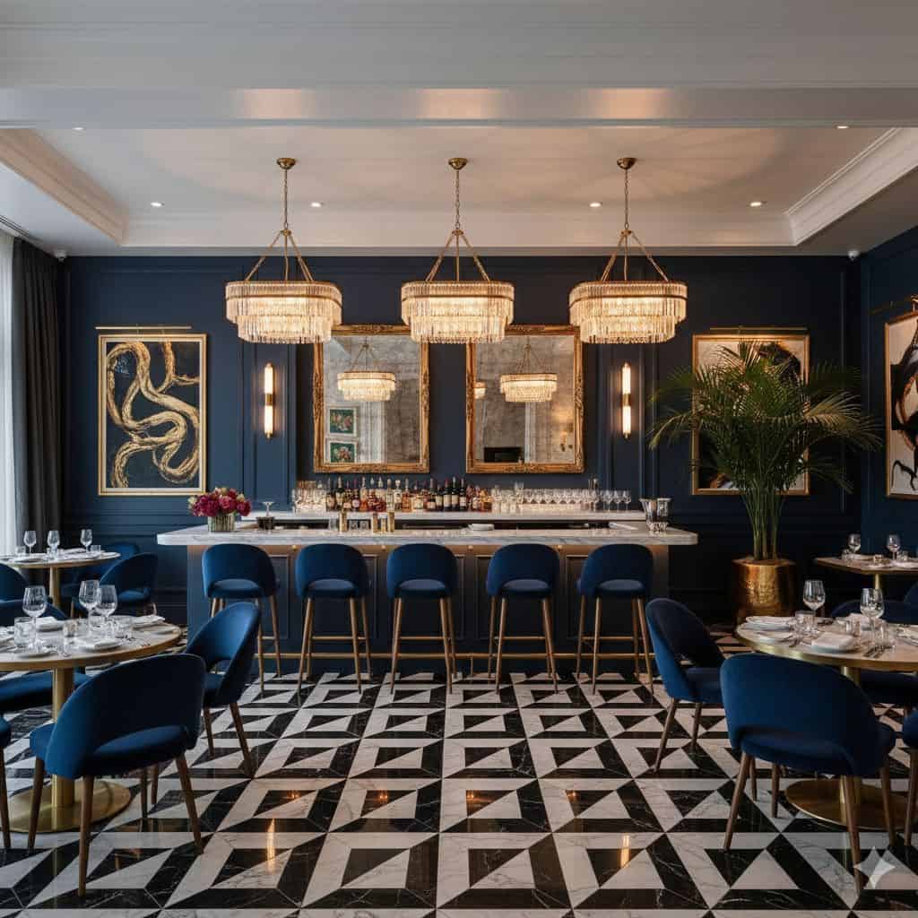 Blue textured tile with a matte finish, complemented by gold accents and a geometric black-and-white patterned floor.