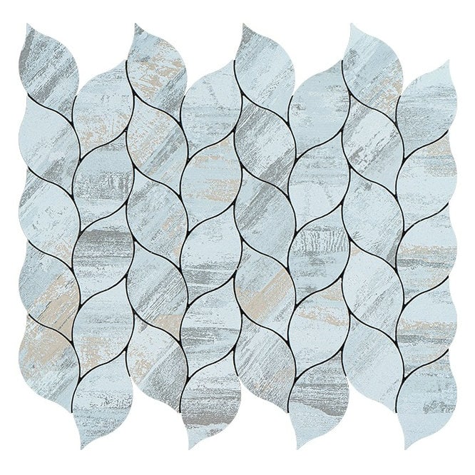 Peel and stick wall tile with a leaf-like design in soft blue and beige tones. Perfect for backsplash or wall accents in home.
