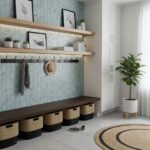 Peel and stick tile wall decor in a modern entryway with hooks, shelves, and storage. Perfect for easy home updates and styli.