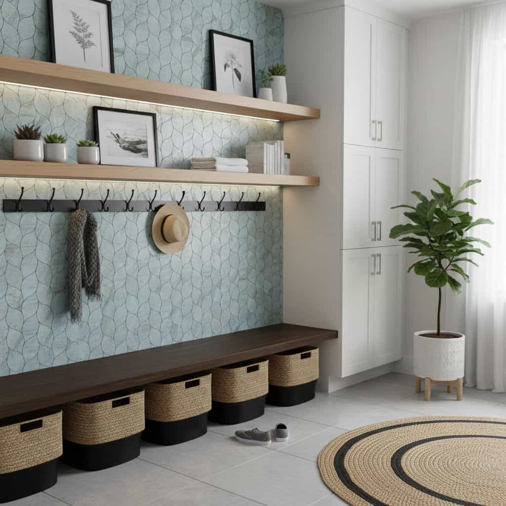 Peel and stick tile wall decor in a modern entryway with hooks, shelves, and storage. Perfect for easy home updates and styli.