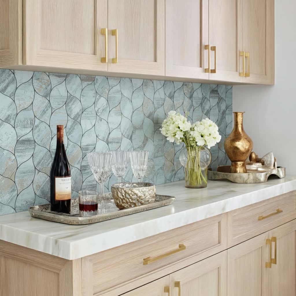 Modern kitchen with peel and stick tile backsplash, wooden cabinets, and decorative vases.