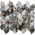 Marble peel and stick tile wall backsplash with a leaf-shaped pattern in various shades of gray, brown, and white for easy ho.