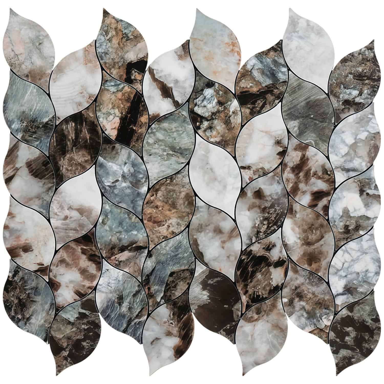 Marble peel and stick tile wall backsplash with a leaf-shaped pattern in various shades of gray, brown, and white for easy ho.