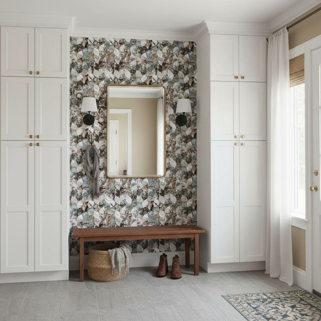 Mirror with Wall Sconces and Storage Cabinets.