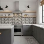 Modern kitchen with peel and stick tile backsplash, gray cabinets, and open shelving. Bright, clean, and stylish kitchen desi.
