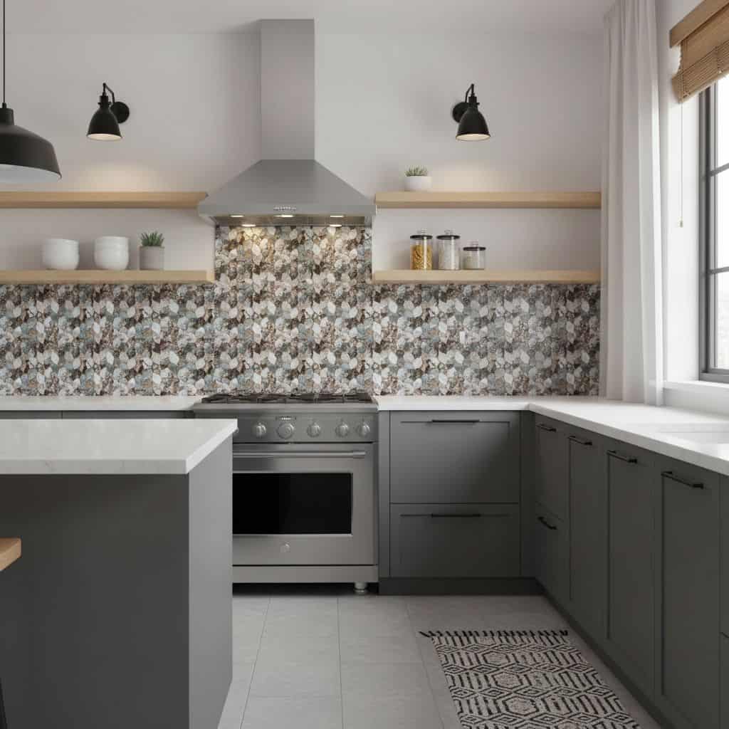 Modern kitchen with peel and stick tile backsplash, gray cabinets, and open shelving. Bright, clean, and stylish kitchen desi.