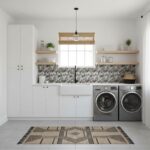 Laundry room with peel and stick tile backsplash behind washer and dryer, featuring a modern, clean design with white cabinet.