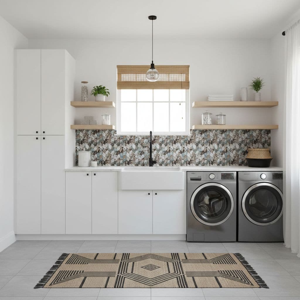 Laundry room with peel and stick tile backsplash behind washer and dryer, featuring a modern, clean design with white cabinet.