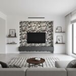 Modern living room with peel and stick wall tile accent wall behind the TV, creating a stylish focal point.