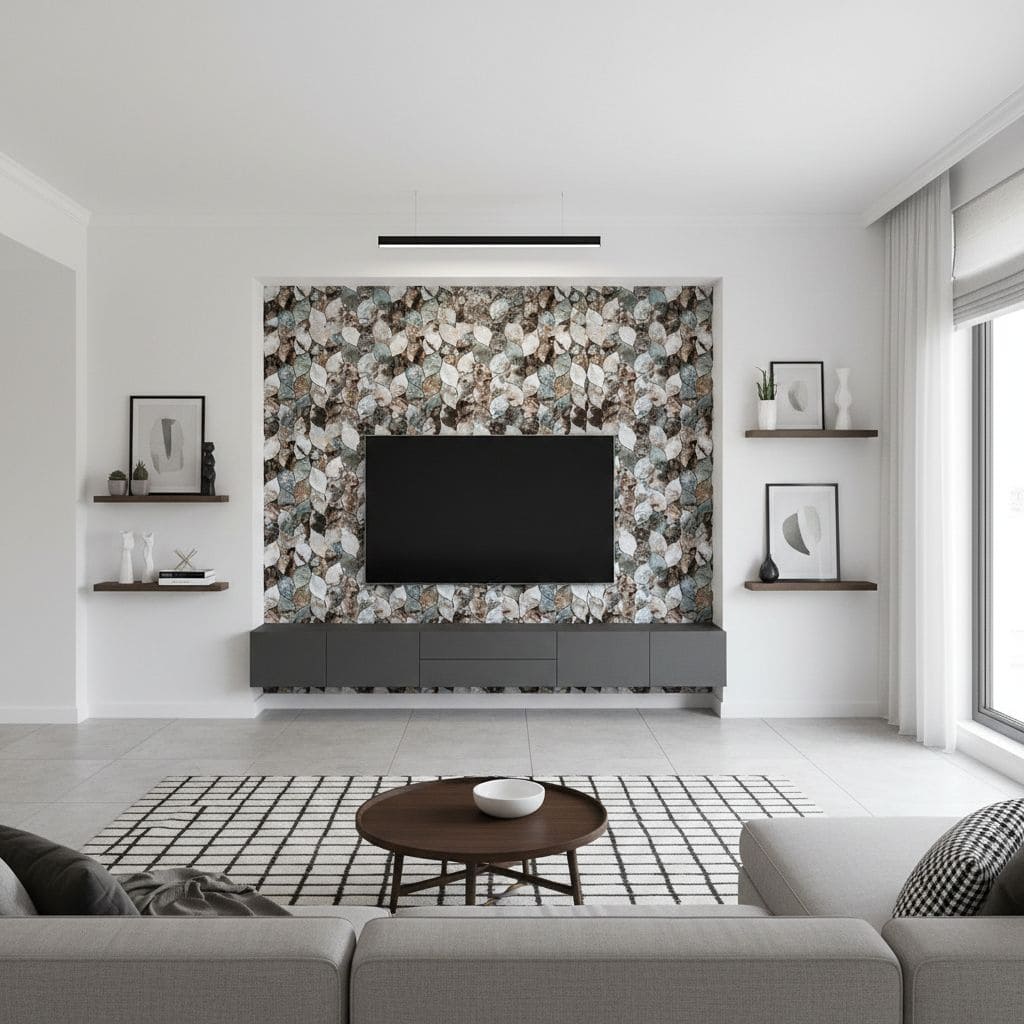 Modern living room with peel and stick wall tile accent wall behind the TV, creating a stylish focal point.