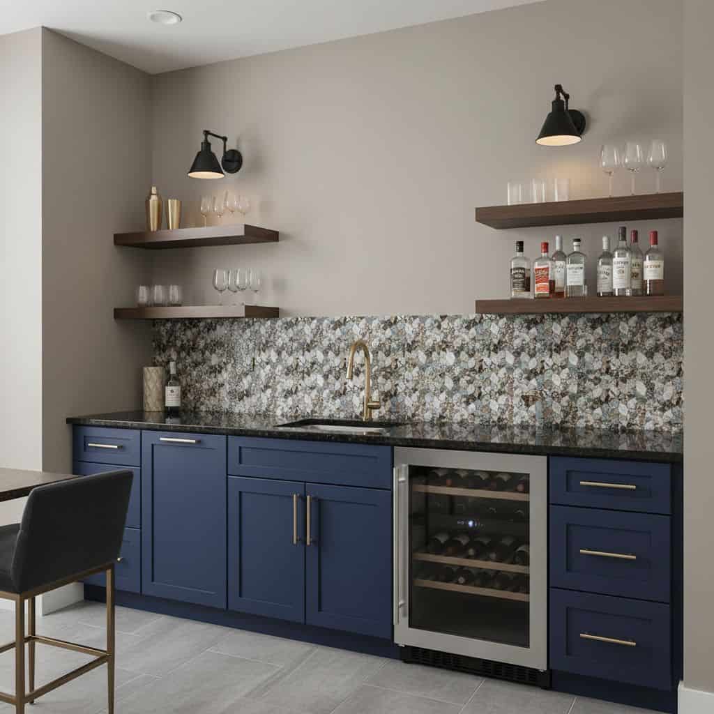 Bright blue kitchen with peel and stick tile backsplash and wall-mounted lighting.