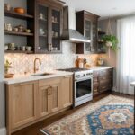 Modern kitchen with peel and stick tile backsplash, wooden cabinets, and stainless steel appliances.