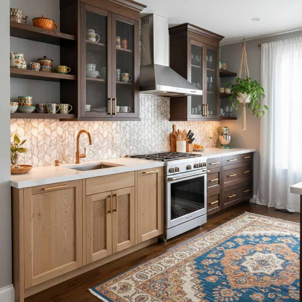 Modern kitchen with peel and stick tile backsplash, wooden cabinets, and stainless steel appliances.