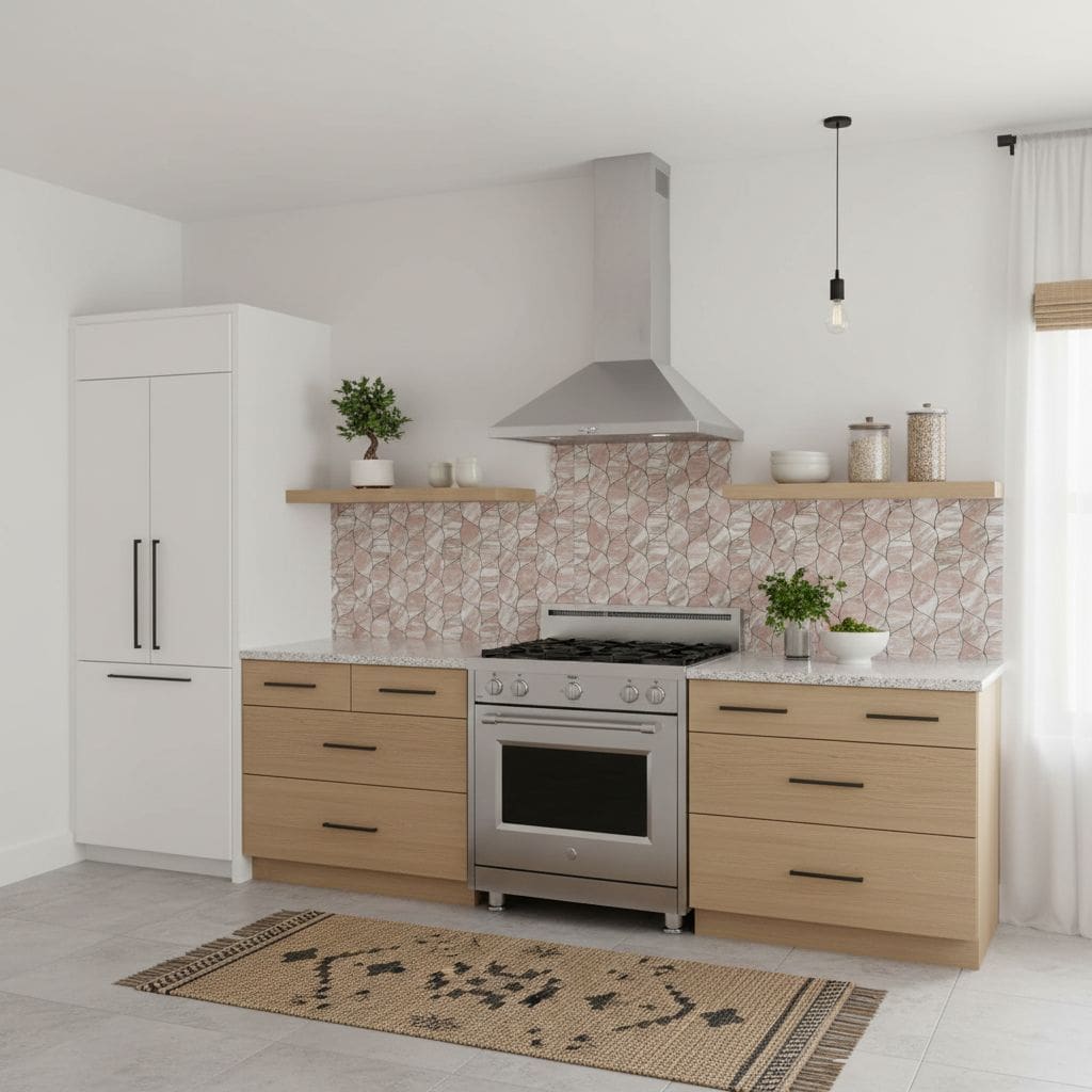 Image of a modern kitchen with peel and stick tile backsplash behind the stove.