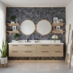 Modern bathroom with peel and stick wall tiles, round mirrors, and wooden accents.