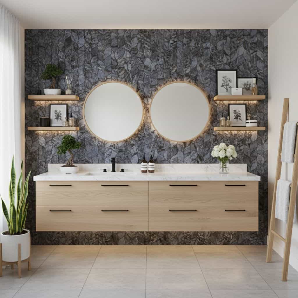 Modern bathroom with peel and stick wall tiles, round mirrors, and wooden accents.