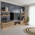 Peel and stick tile backsplash on accent wall with TV, shelves, and decor in contemporary living room.