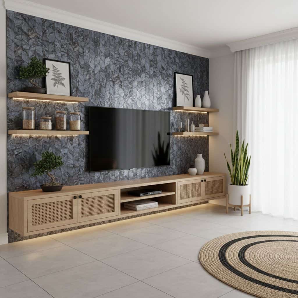 Peel and stick tile backsplash on accent wall with TV, shelves, and decor in contemporary living room.
