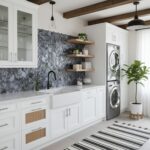Modern kitchen with peel and stick tile backsplash, white cabinets, and open shelving.
