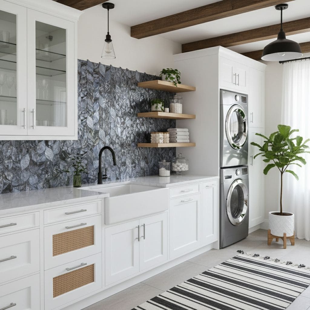 Modern kitchen with peel and stick tile backsplash, white cabinets, and open shelving.