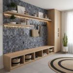 Modern entryway with peel and stick tile backsplash and wooden storage. Bright, stylish, and easy to install.