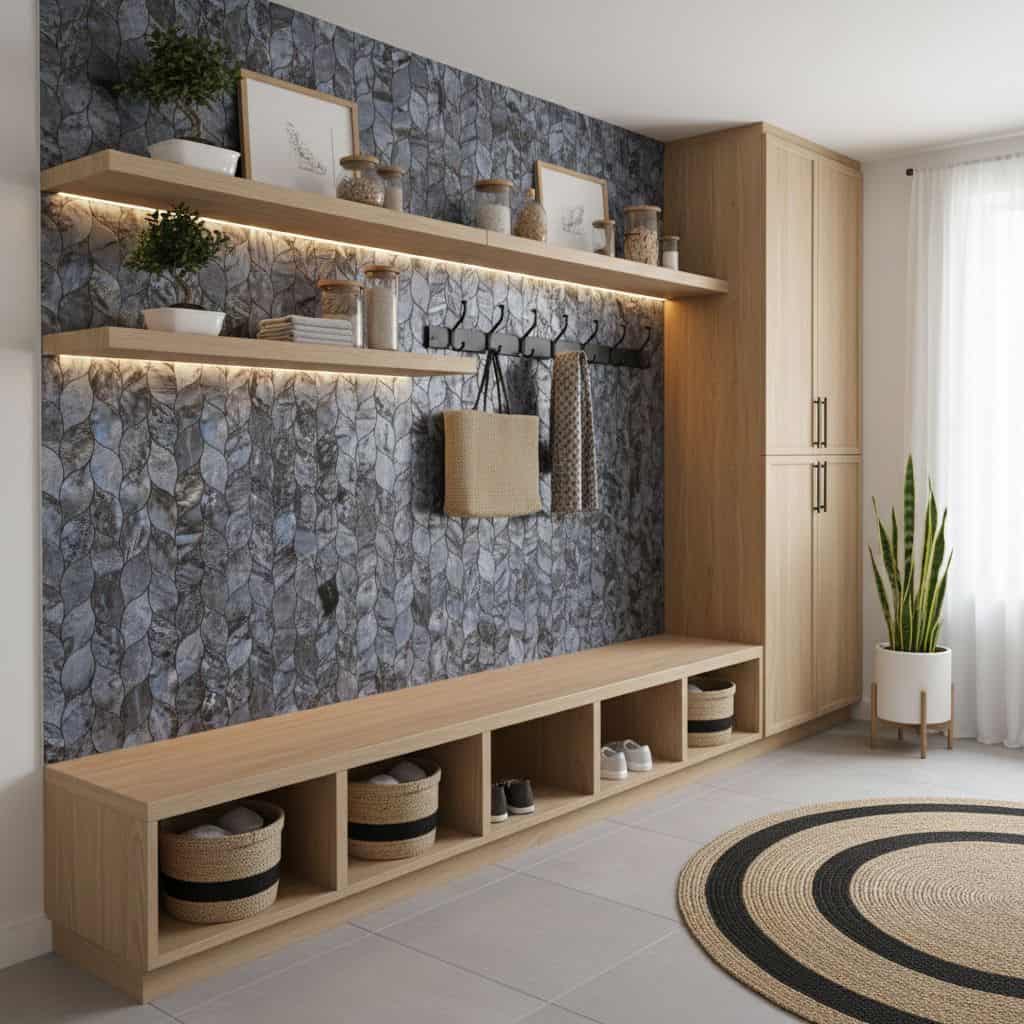Modern entryway with peel and stick tile backsplash and wooden storage. Bright, stylish, and easy to install.