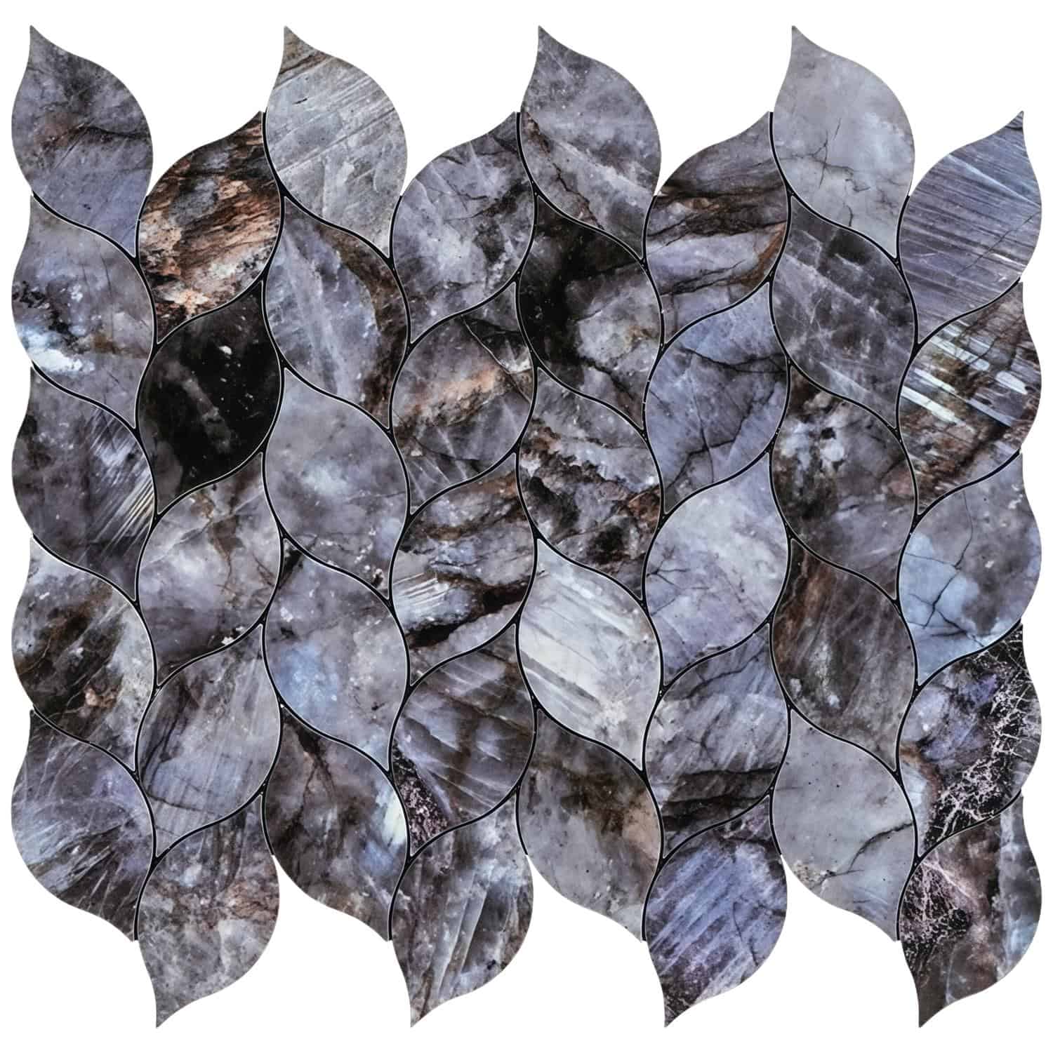Up of peel and stick marble tiles with a leaf shape pattern.