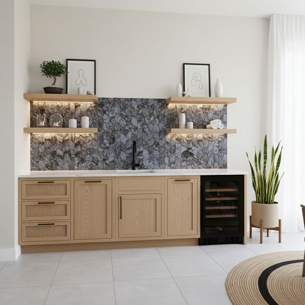 Image of a contemporary kitchen featuring peel and stick tile backsplash above the sink, with wooden cabinetry and decorative.