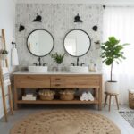 Two round mirrors above a double sink vanity with peel and stick tile backsplash.