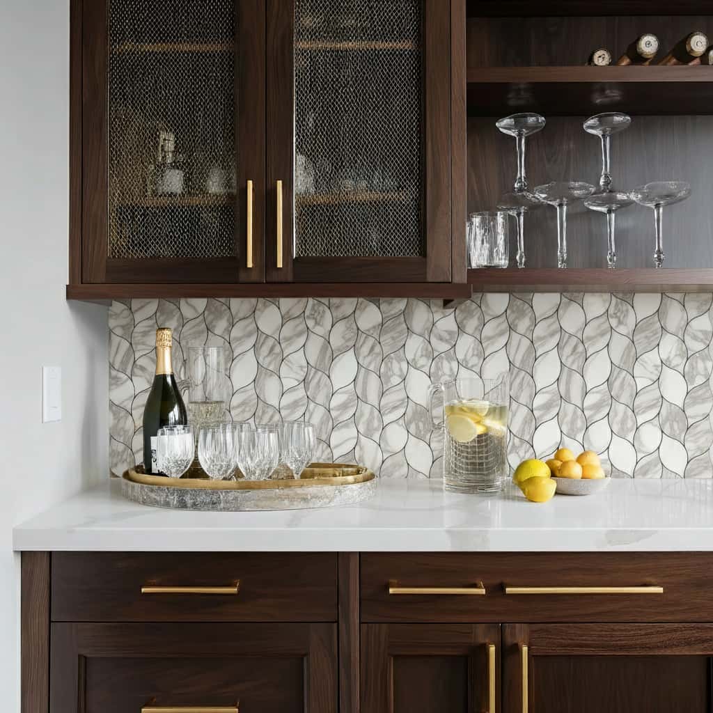Peel and stick wall tile backsplash with a modern, wavy pattern in a kitchen setting. Perfect for easy DIY updates and stylis.