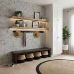 Modern interior with peel and stick wall tiles, shelves, and decorative accessories in a bright living space.