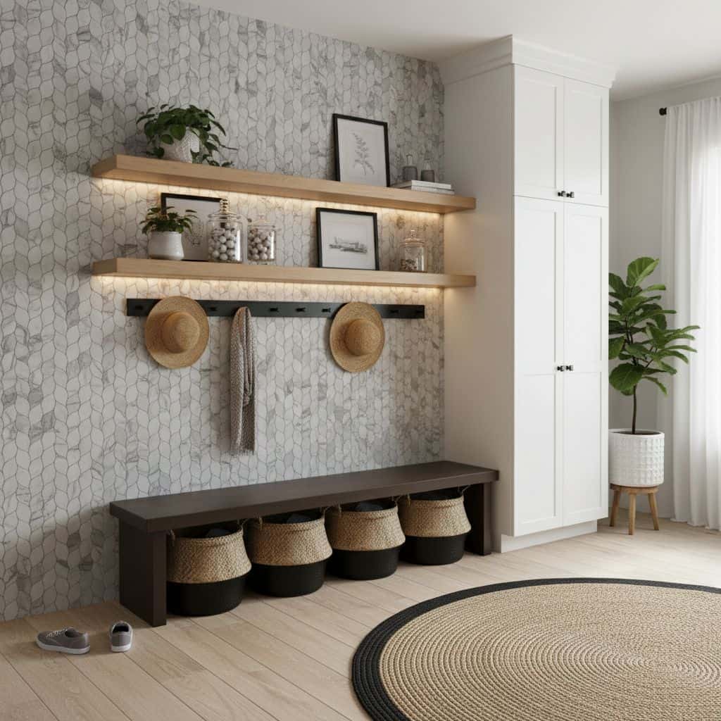 Modern interior with peel and stick wall tiles, shelves, and decorative accessories in a bright living space.