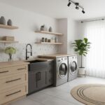 Modern laundry room with peel and stick wall tiles, wooden cabinets, and a potted plant for a fresh look.