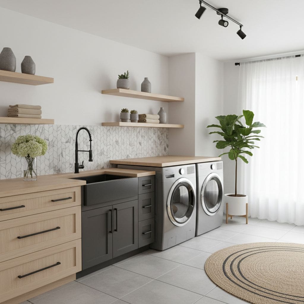 Modern laundry room with peel and stick wall tiles, wooden cabinets, and a potted plant for a fresh look.
