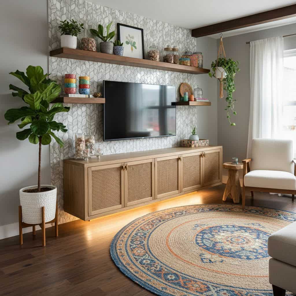 Modern living room with peel and stick tile backsplash and wall accents.